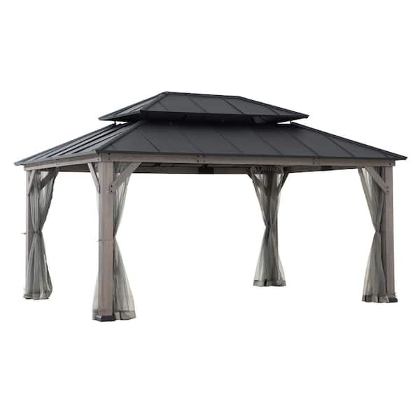 Sunjoy 12 ft. x 16 ft. Matte Black Cedar Framed Gazebo with Steel ...