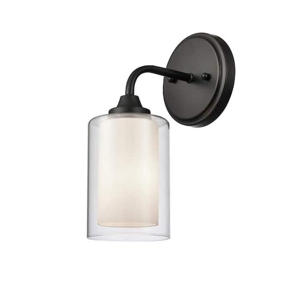 Fairbank 5.13 in. Matte Black, White and Clear Vanity Light with White Glass Shade