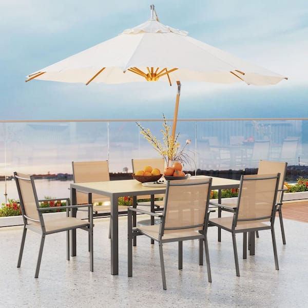 Lofka Brown 7-Piece Textilene and Iron Outdoor Dining Set 6 Chairs