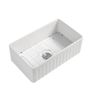 33 in. Farmhouse Apron-Front Kitchen Sink White Single Bowl Fireclay Kitchen Sink, Bottom Grid and Strainer Included