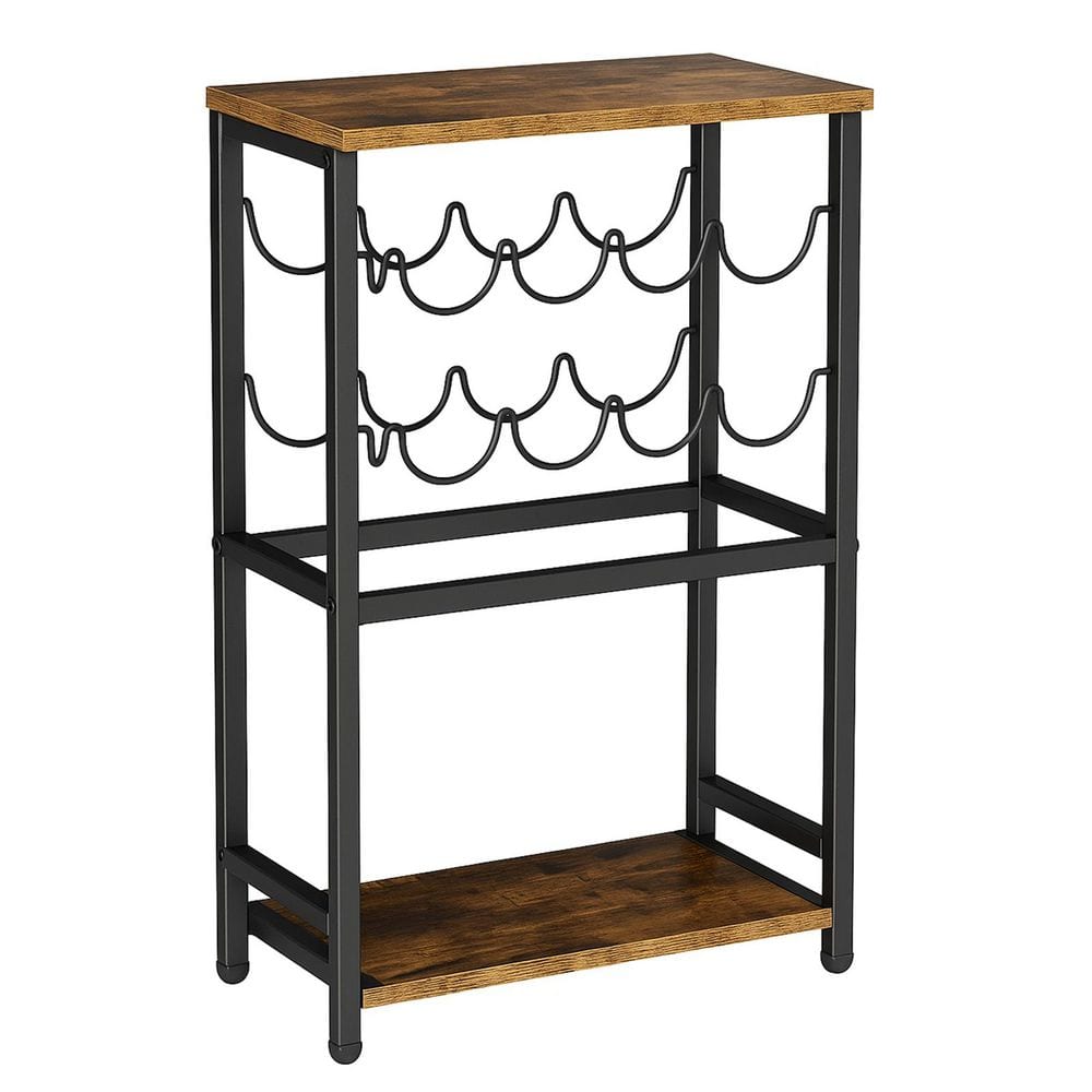 Black Brown Freestanding Floor Wine Glass Rack with Tabletop Storage Three Tier Metal Organizer for Home Bar Display