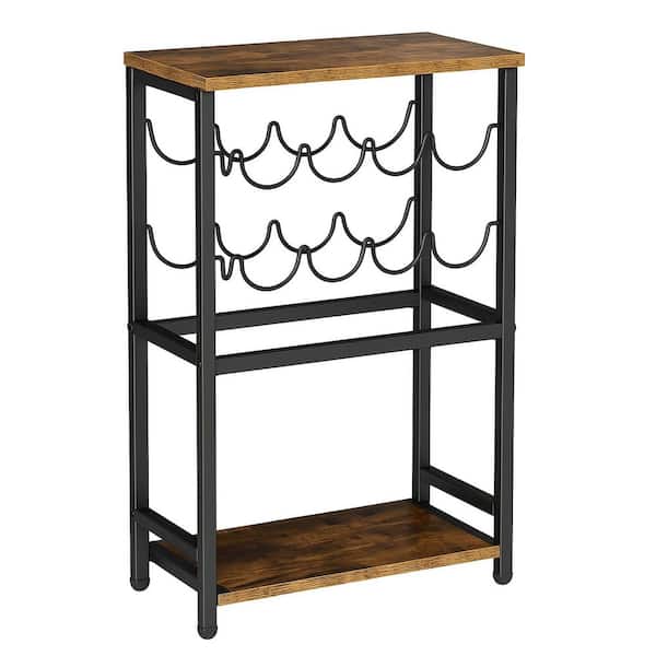 Black, Brown Freestanding Floor Wine Glass Rack with Tabletop Storage Three Tier Metal Organizer for Home Bar Display