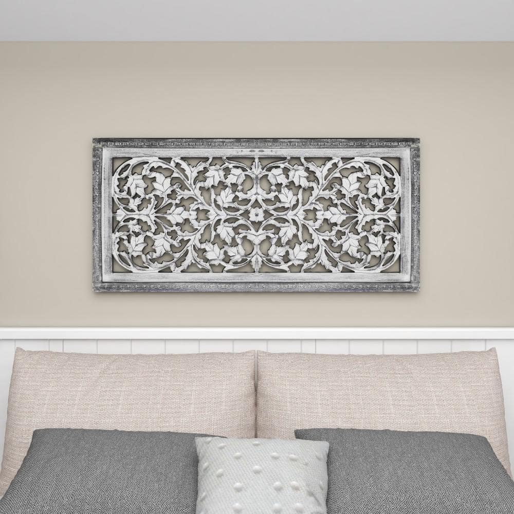 Gray Mango Wood Handmade Intricately Carved Floral Wall Panel