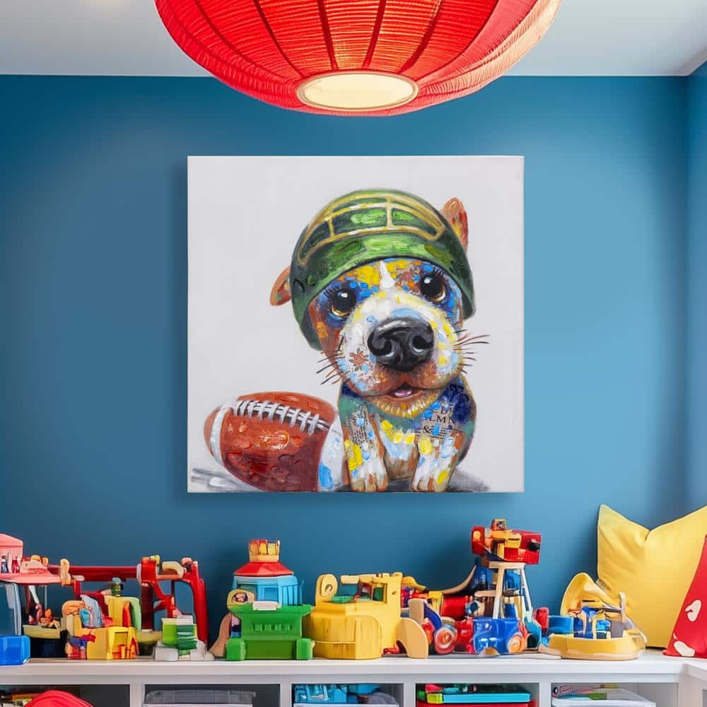 Playtime Dog with Football Helmet Canvas Wall Art