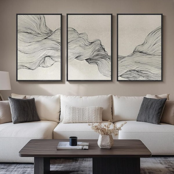 3 Piece Large Framed Black and Beige Neutral Abstract Wall Art Poster, Minimalist Lines Pictures, 36 in. x 24 in