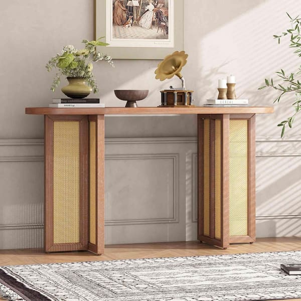 Polibi 47.8 in. Natural Wood Wash Oval Wood Console Table Entryway Table