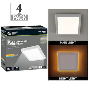 Low Profile 9 in. White Square LED Flush Mount with Night Light Feature J-box Compatible Dimmable 900 Lumens (4-Pack)