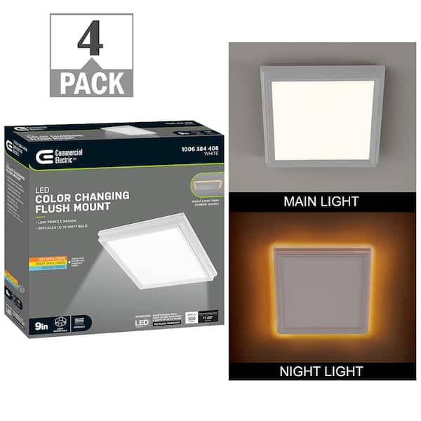 Commercial Electric Low Profile 9 in. White Square LED Flush Mount with Night Light Feature J-box Compatible Dimmable 900 Lumens (4-Pack)