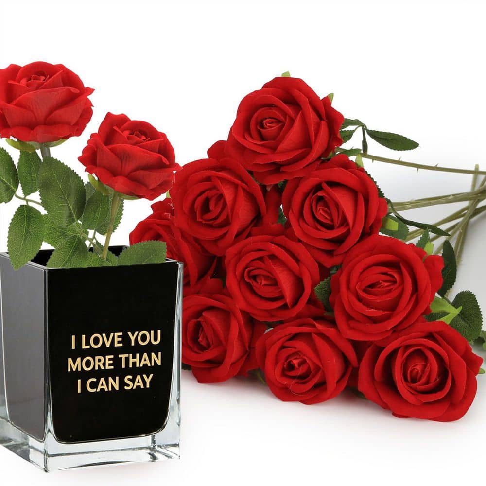 Dracelo 20-Inch Red Artificial Roses-Faux-Velvet Texture, Lifelike