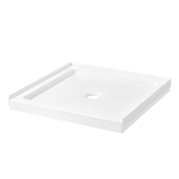 36 in. L x 32 in. W Alcove or Corner Shower Pan Base Square with Center Drain and White Acrylic, Reversible Design