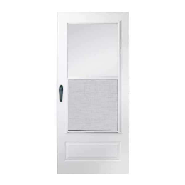 Andersen 300 Series 34 in. x 80 in. White Universal 3/4 Light Mid-View Aluminum Storm Door with Black Handle Set