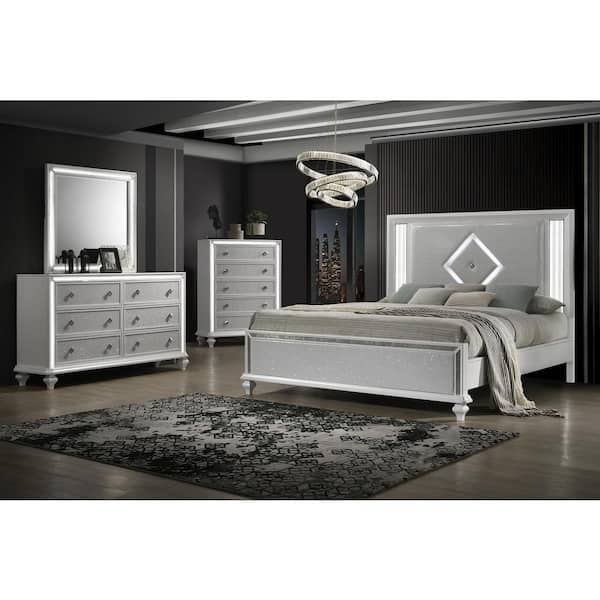 silver nightstand and dresser set Contemporary Silver Finish Bedroom Set 4pc Queen Bed Button-Tufted Headboard Nightstand Dresser Mirror