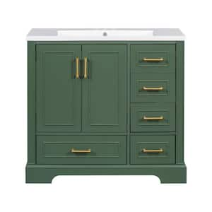 36 in. W x 18 in. D x 34 in. H Single Sink Freestanding Bath Vanity in Green with White Resin Top