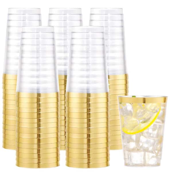 10 oz. Gold Trim Clear Plastic Disposable Cups Heavy-Duty Party Cups for Elegant Events (100-Pack)