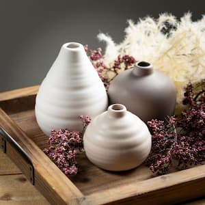 3", 4", and 5" White, Taupe and Tan Compact Ceramic Vase (Set of 3)