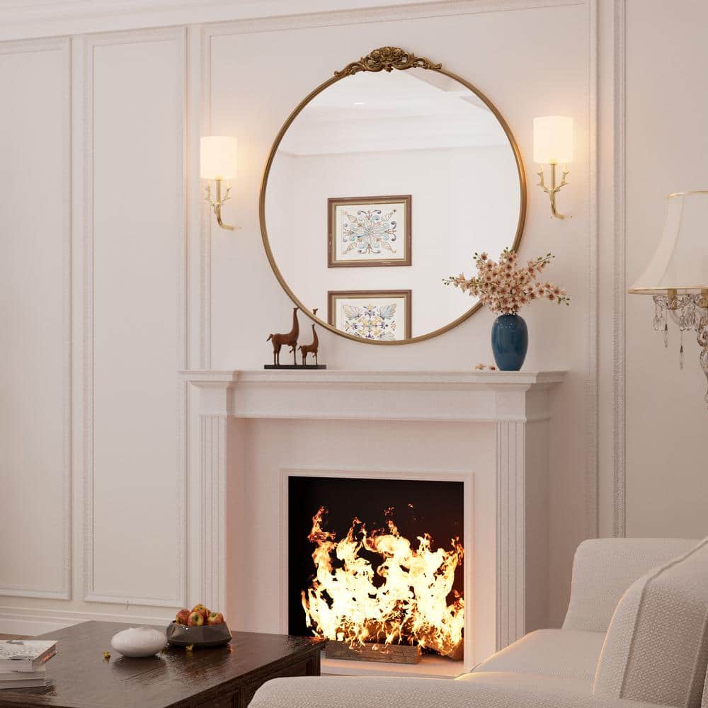36" Round Gold Metal Frame Baroque Wall Mirror