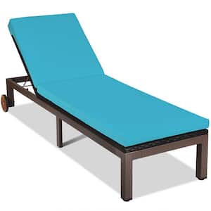 Adjustable Wicker Rattan Recliner Chaise Lounge Chair Patio with Turquoise Cushion Wheels