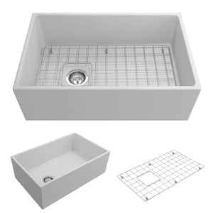 Contempo Farmhouse Apron Front Fireclay 30 in. Single Bowl Kitchen Sink with Bottom Grid and Strainer in Matte White