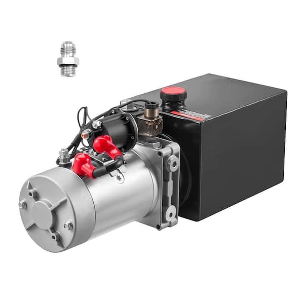 6 Qt. 12V Hydraulic Power Unit, Single Acting Dump Trailer Pump, 3200 PSI, 0.91 GPM, Metal Reservoir, Black Color