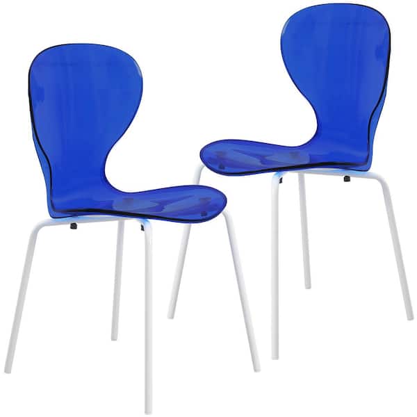 Leisuremod Oyster Transparent Dining Chair Stackable Curved Back With Stainless Steel White Legs Set of 2