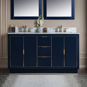 Venice 61 in.W x 22 in.D x 38 in.H Bath Vanity in Navy Blue with Marble Vanity Top in White with White Sink