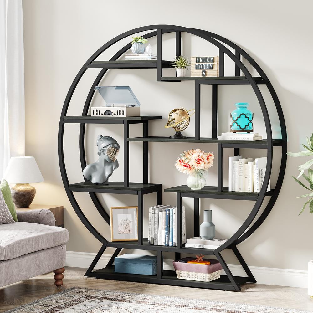 Industrial Black Round Wood Bookshelf with Staggered Shelves