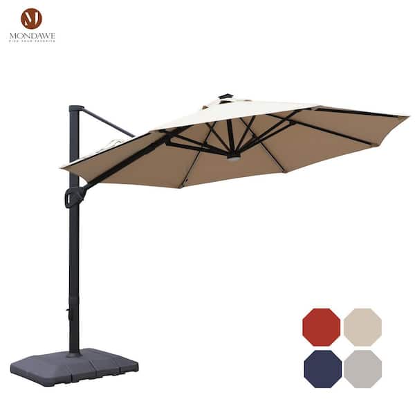 Mondawe 11 ft. Aluminum Solar LED Patio Cantilever Umbrella Outdoor Market Hanging Umbrella with Crank and Base in Beige