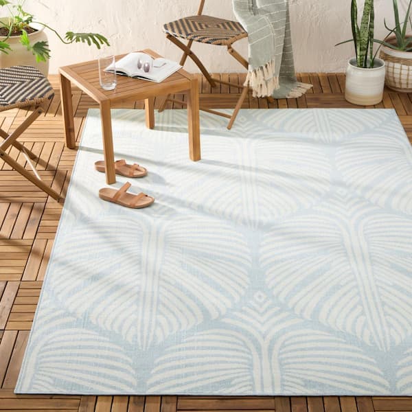 Lanai Palm Leaves Blue/Ivory 8 ft. x 10 ft. Indoor Outdoor Area Rug