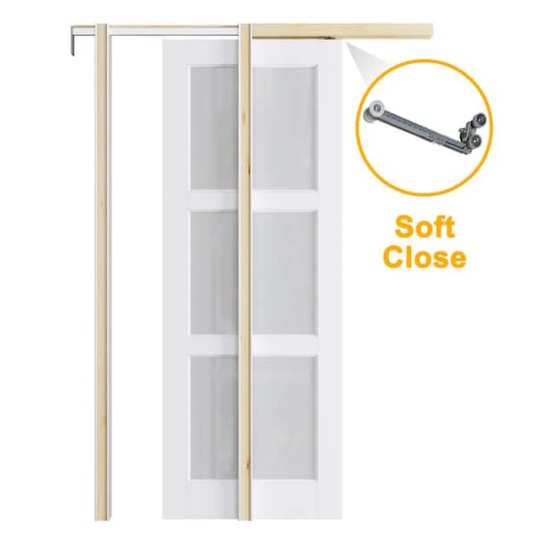 36 in. x 96 in. 3-Lite Frosted Glass White Primed MDF Pocket Sliding Door with Pocket Door Hardware Set and Soft Close