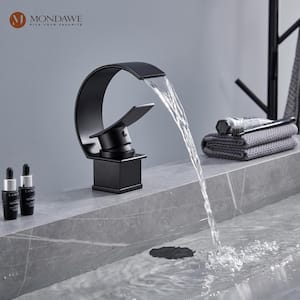 Luxury C Waterfall Single Lever Handle Arc Spout Single-Hole Bathroom Sink Faucet with Pop-up Drain in Matte Black