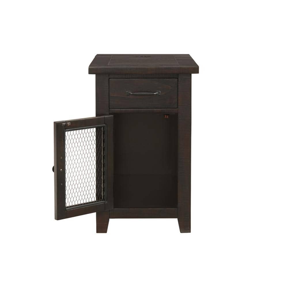 Antique Black and Honey Rustic Pine Chairside Table with Power Storage