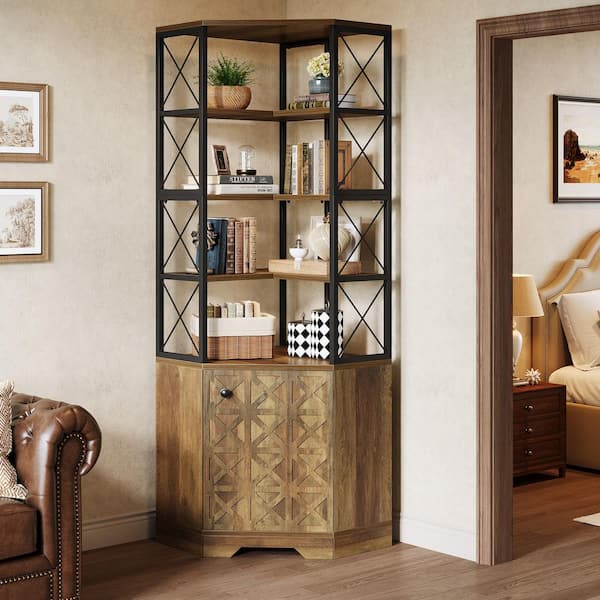BYBLIGHT Eulas 75.98 in. Tall Brown Engineered Wood 5-Shelf Corner Bookcase with Storage Cabinet
