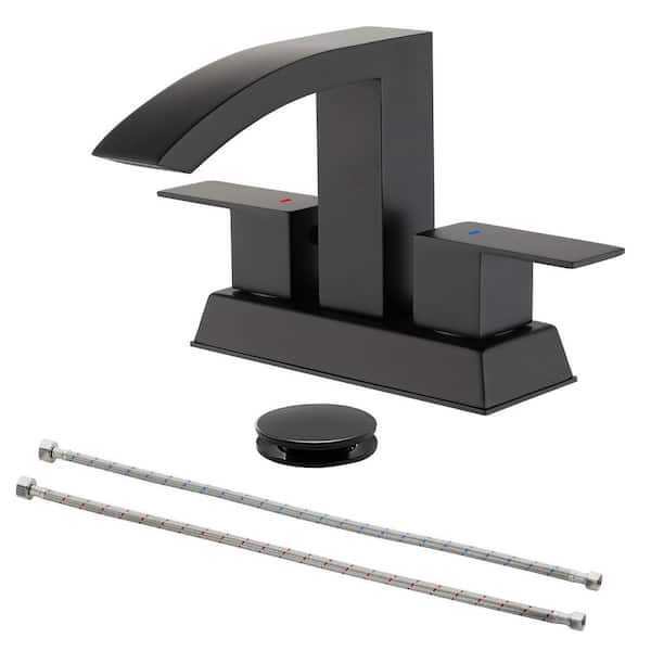 PERLIRIA INC 4 in. Centerset Double Handle Waterfall Bathroom Faucet with Drain Kit, 2-Holes Bathroom Sink Faucet in Matte Black