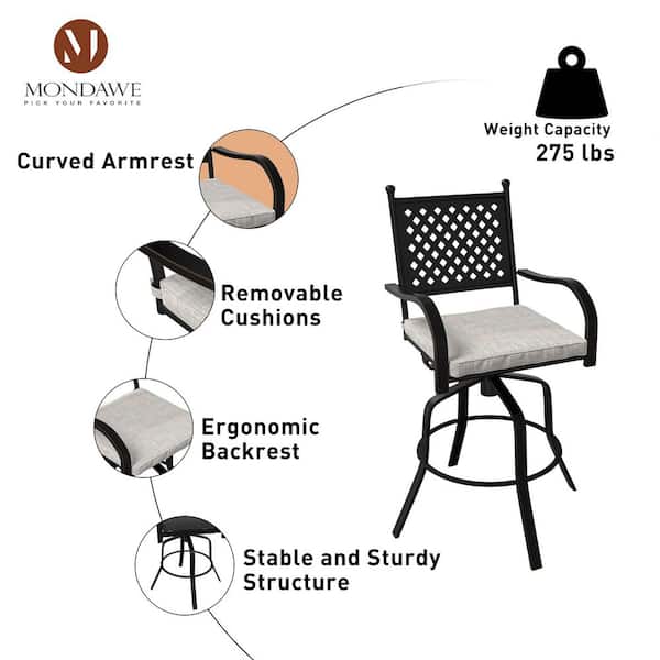 Black Aluminum Frame Outdoor Dining Chair 360° Swivel Chair Bar Stool with Removable Cushion