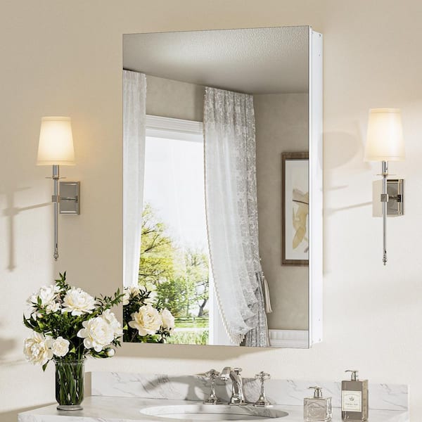 KeonJinn 20 in. W x 32 in. H Rectangular Frameless Aluminum White Recessed or Surface Mount Medicine Cabinet with Mirror