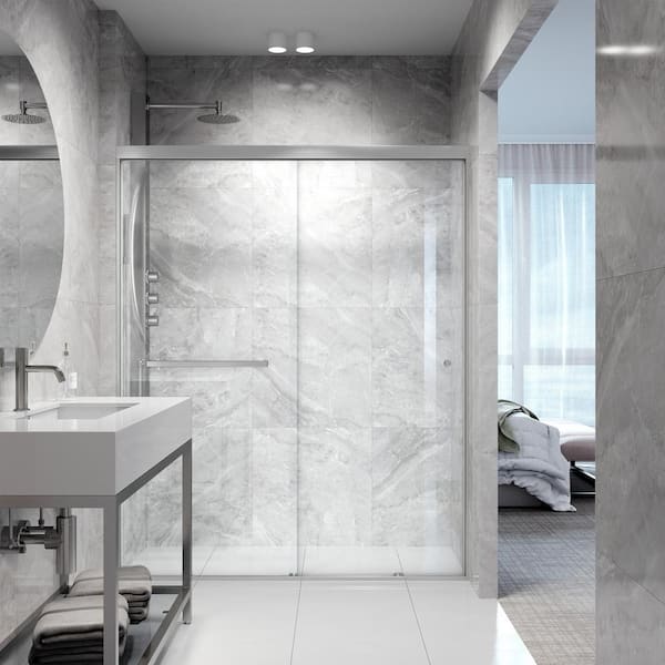 Satro 56 to 60 in W x 74 in H Double-Sliding Framed Door in Chrome with Clear Glass