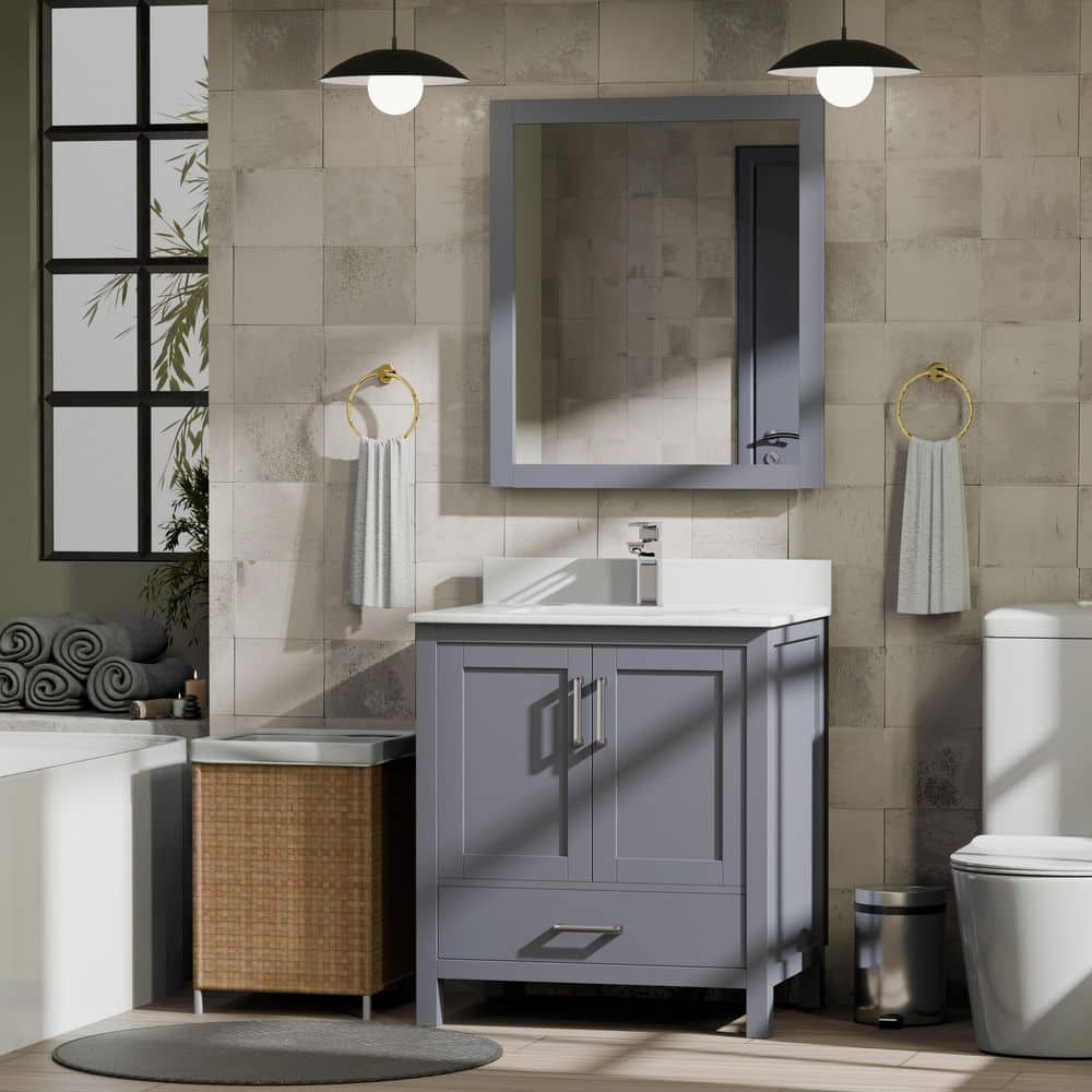 Jacques 30 in. W x 22 in. D Dark Grey Bath Vanity, White Quartz Top, Faucet Set, and 28 in. Mirror price history on PriceWatchPro