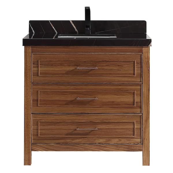 Luxury Ebony Series 36 in. 1 Freestanding Light Brown Finish Bath Vanity with 2 in. Black Natural Marble Top Assembled