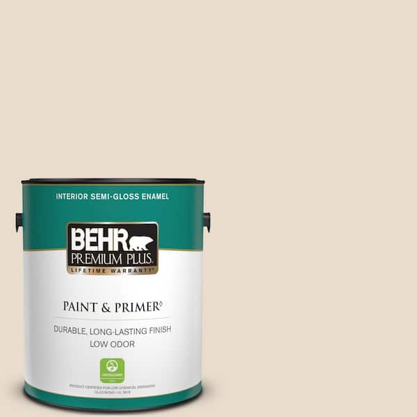 BEHR PREMIUM PLUS 1 gal. #OR-W11 White Mocha Semi-Gloss Enamel Low Odor Interior Paint & Primer