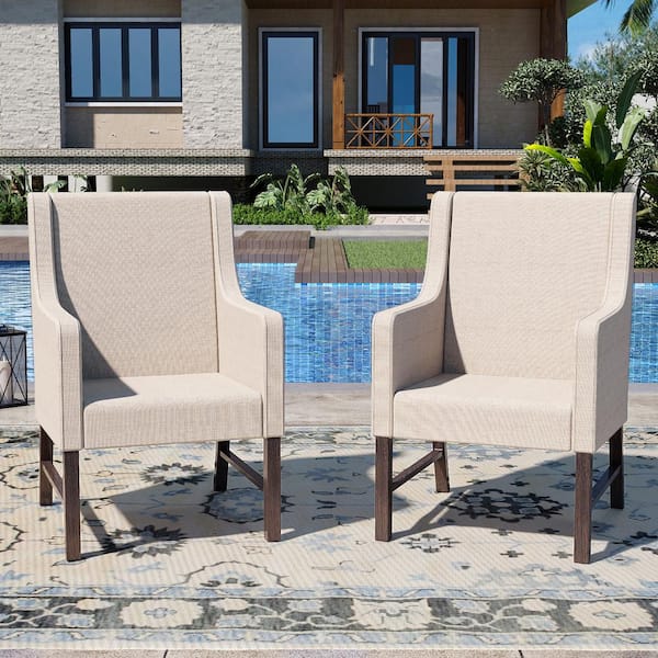 PHI VILLA Beige Stationary Padded Textilene Metal Outdoor Dining Chair Set of 2