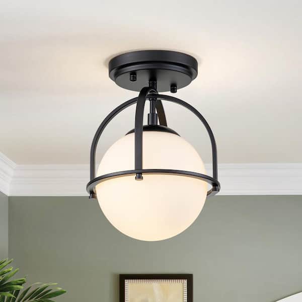 EDISLIVE Fragoso 8.66 in. 1-Light Black Semi Flush Mount Light with Opal Glass