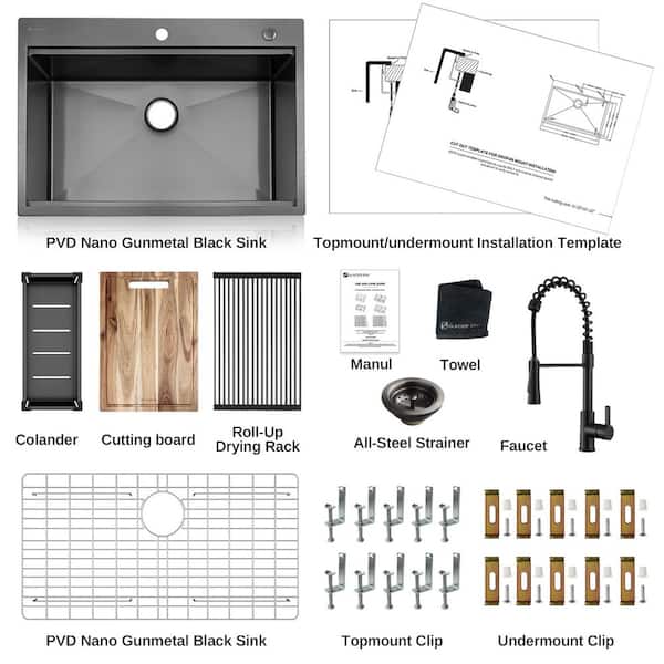 33 in. Drop-In Single Bowl Workstation Kitchen Sink, PVD Gunmetal Black, 18 Gauge 304 Stainless Steel with Spring Faucet