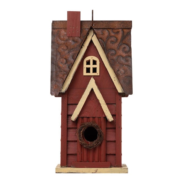 Glitzhome 12 in. H Wood Red Cottaage Solid Distressed Birdhouse