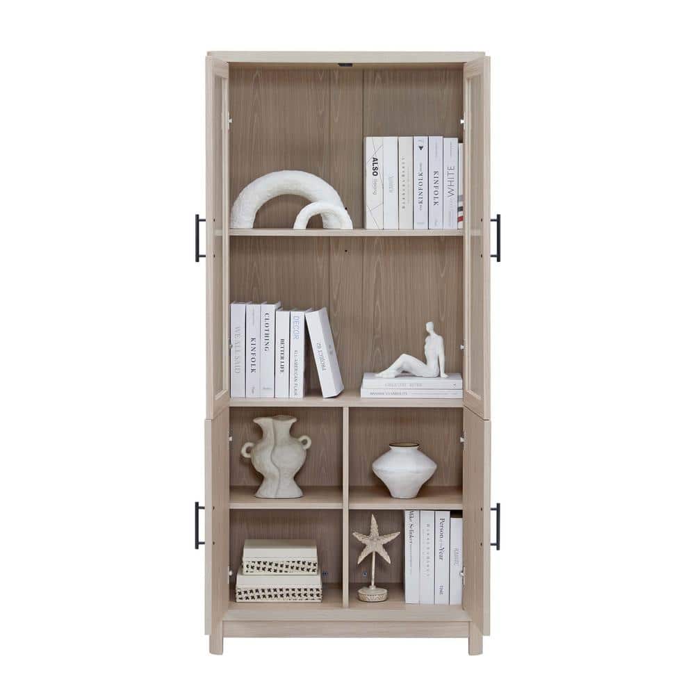 67.6" White Washed Oak Adjustable Bookcase Set with Glass Doors