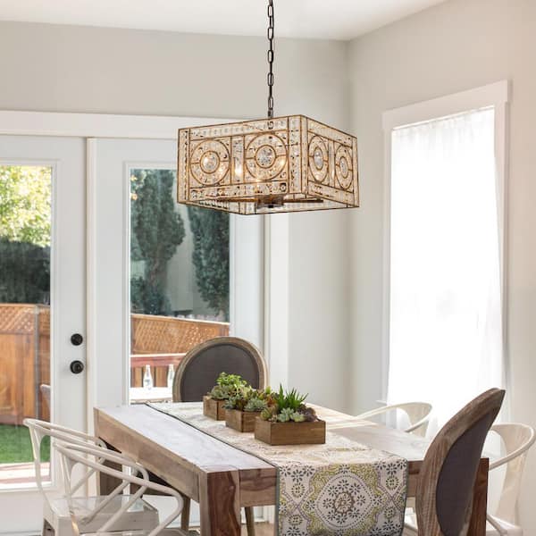 HUOKU Iridescent 4-Light Vintage Crystal Square Antique Bronze