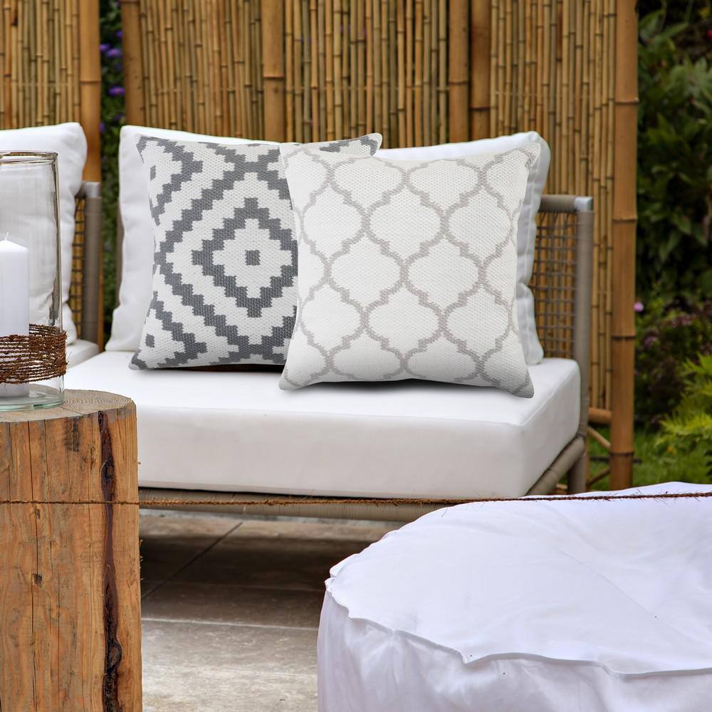 White and Taupe Gray Geometric Square Throw Pillow, 20" x 20"