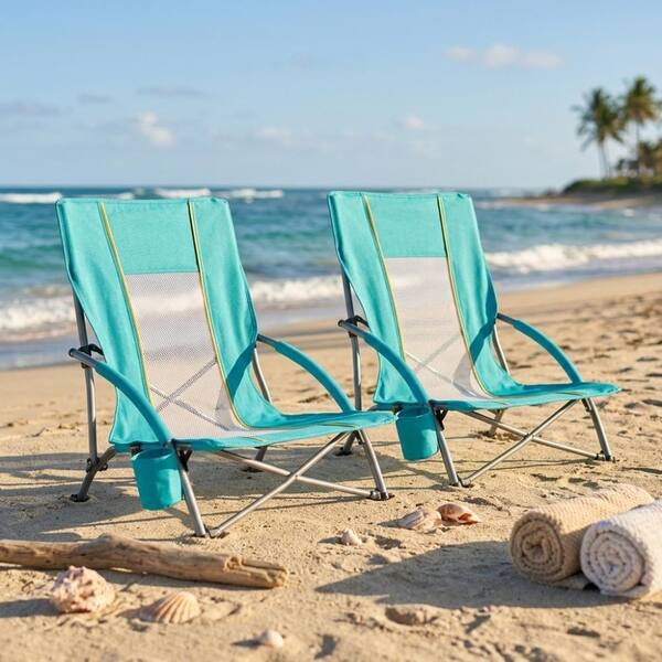 2 Pack Green Low Adult Beach Chairs 400LBS Mesh Back with Cup