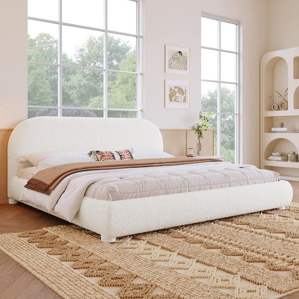 Miller Modern Cream White Upholstered Boucle Wood Frame King Size Platform Bed with Curved Headboard