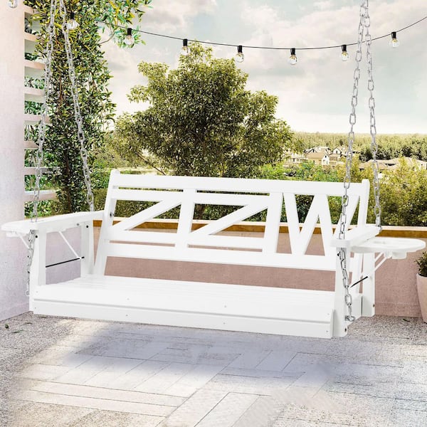 Cesicia 2-Person White Wood Porch Swing Bench with Hanging Chains Upgraded Cupholders