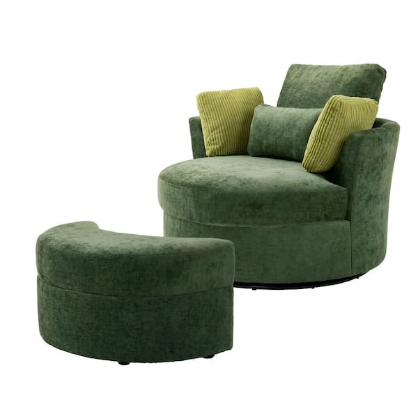 Green Cotton Upholstered 360° Swivel Accent Barrel Chair with Storage Ottoman and Corduroy Pillows (Set of 1)